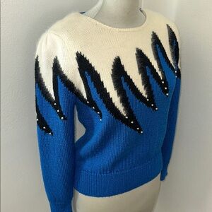 Vintage Susann d angora blend blue white black silver stud sweater small s